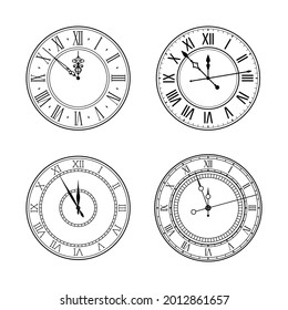 Old elegant black and white retro clock face set with roman numerals and ornate vintage hands. Vector illustration.