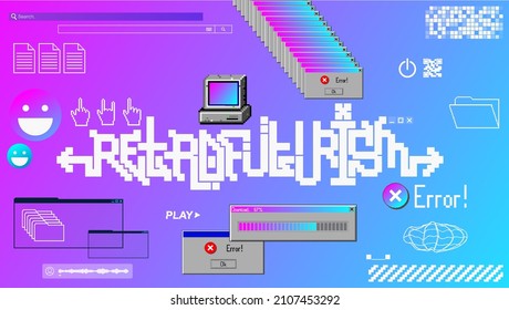 Old Elements Interface. Retro Vaporwave Desktop With User Interface Elements. Collage Software And Retro Futuristic Shapes. Old Retro Style UI, UX Graphic. Box Button, Window, Tab, Bars. Vector