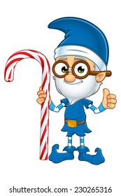 Old Elf Character In Blue - Holding Candy Cane