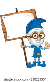 Old Elf Character In Blue - Holding Wooden Sign