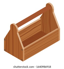 Old empty carpenter wooden toolbox  isolated on white isometric view.