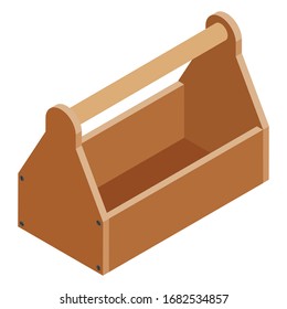 Old empty carpenter wooden toolbox  isolated on white isometric view.