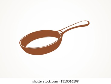 Old empty iron fryer with wooden stick isolated on white background. Outline freehand ink hand drawn logo pictogram sketchy in art retro doodle engraved style pen on paper space for text. View closeup