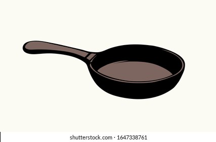 Old empty iron fryer with wooden stick isolated on white background. Outline freehand ink hand drawn logo pictogram sketchy in art retro doodle engraved style pen on paper space for text. View closeup