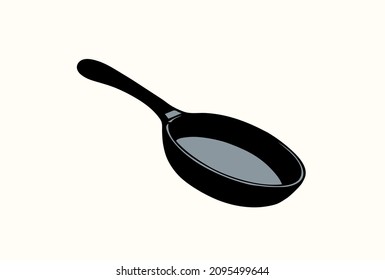 Old empty iron fryer with wooden stick isolated on white background. Outline freehand ink hand drawn logo pictogram sketchy in art retro doodle engraved style pen on paper space for text. View closeup