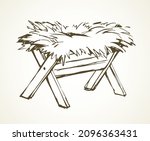 Old empty wood livestock rack on night shed card backdrop. Line dark black ink hand drawn cute infant Lord messiah nursery trough love logo sign picture in ancient art doodle style on paper text space