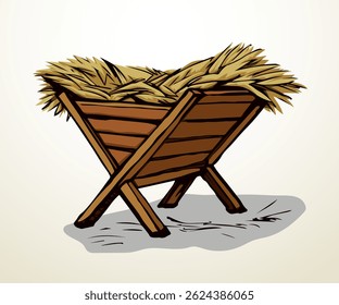 Old empty wood livestock rack on night shed card backdrop. Line dark black ink hand drawn cute infant Lord messiah nursery trough love logo sign picture in ancient art doodle style on paper text space