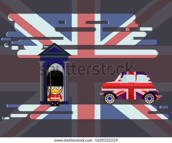 Old English car with the flag of Great Britain.\
Guard of the Queen of England against the backdrop of the flag of\
Great Britain.