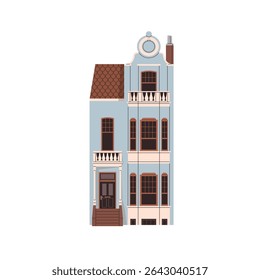 Arquitetura antiga da casa inglesa. Fachada histórica europeia, exterior com janelas, varandas, porta frontal e varanda em estilo britânico. Ilustração de vetor plano isolada no plano de fundo branco