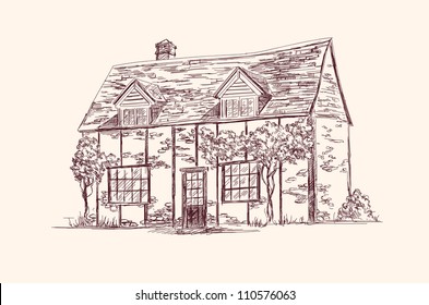 Old English House Hand Drawn Vector Llustration