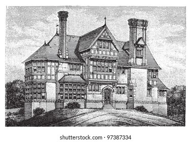 Old english house / Vintage illustration from Meyers Konversations-Lexikon 1897