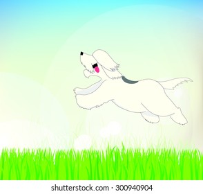 Old English Sheepdog or bob-tailed sheep-dog (Bobtail) jumping happy in the  field.  Spring meadow and happy animal. Vector illustration