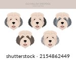 Old English sheepdog clipart. Different poses, coat colors set.  Vector illustration