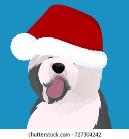 Old English Sheepdog close up in Santa cap vector illustration