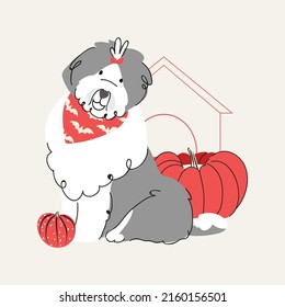 Old English Sheepdog with Halloween pumpkin. Isolated on beige background. Flat style pet color illustration. Halloween card.
