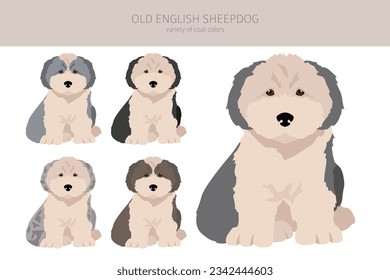 Clíparte de cachorros de perro pastelero inglés viejo. Postas diferentes, colores de abrigo.  Ilustración del vector