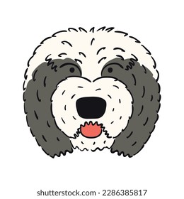 Old English sheepdog, puppy face cute funny cartoon character illustration. Hand drawn vector, isolated. Line art. Domestic animal logo. Design concept pet food, branding, business, vet, print, poster