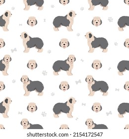 Old English Sheepdog Seamless Pattern. Different Poses, Coat Colors Set.  Vector Illustration