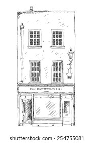 Old English town house with small shop or business on ground floor. Bond street, London. Sketch collection