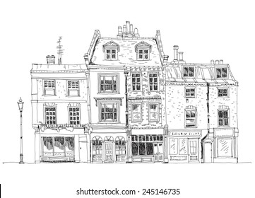 Old English Town Houses With Shops On The Ground Floor. Sketch Collection Of Famous Buildings