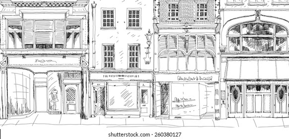 Old English town houses with small shops or business on ground floor. Bond street, London. Sketch collection 