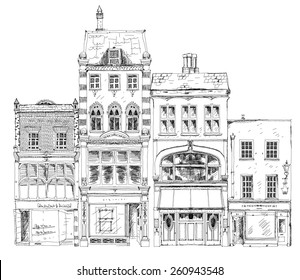 Old English town houses with small shops or business on ground floor. Bond street, London. Sketch collection 