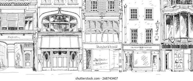 Old English town houses with small shops or business on ground floor. Bond street, London. Sketch collection