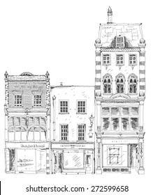 Old English town houses with small shops or business on ground floor. Bond street, London. Sketch collection