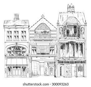 Old English town houses with small shops or business on ground floor. Bond street, London. Sketch collection