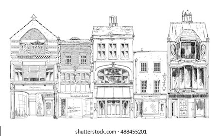 Old English town houses with small shops or business on ground floor. Bond street, London. Sketch collection