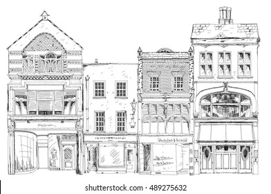 Old English town houses with small shops or business on ground floor. Bond street, London. Sketch collection