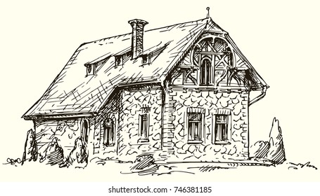 Old English Traditional Stone House. Hand Drawn Vector Illustration.