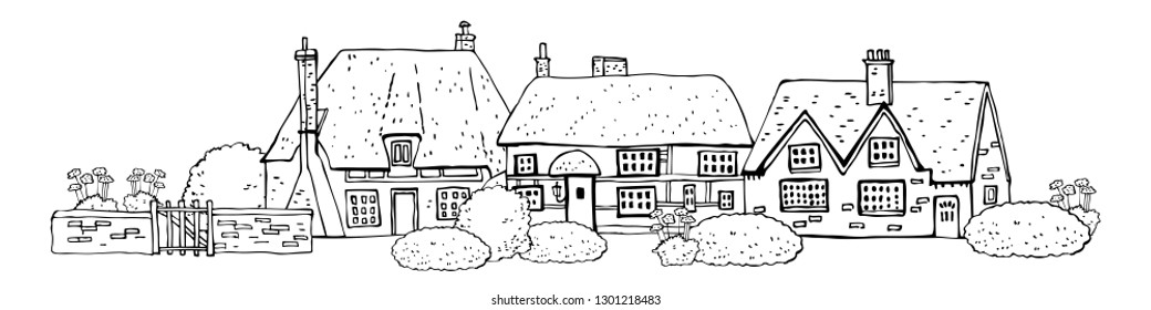 Old english village scene. Vector sketch hand drawn illustration. Cartoon outline houses facades, fence and plants isolated on white background