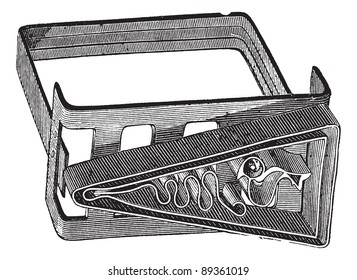 Old engraved illustration of an apparatus for making battik canvas painting. Industrial encyclopedia E.-O. Lami - 1875.