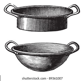 Old engraved illustration of an apparatuses for dissolving wax for making battik canvas painting. Industrial encyclopedia E.-O. Lami - 1875.