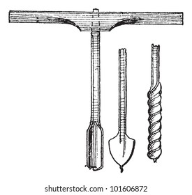Old engraved illustration of Auger and Drill bits, isolated on a white background.   Dictionary of words and things - Larive and Fleury - 1895