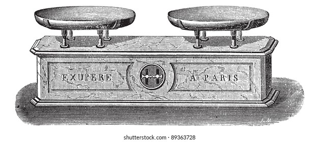 Old engraved illustration of Balance pendulum scale isolated on a white background. Industrial encyclopedia E.-O. Lami - 1875.