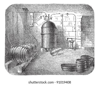 Alte gravierte Illustration von Bierpumpen. Industrielle Enzyklopädie E.-O. Lami - 1875.