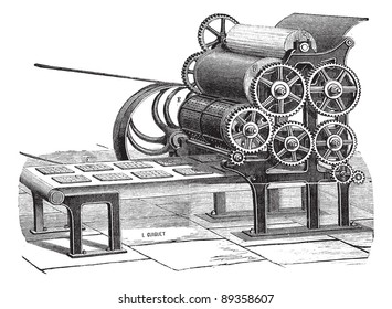 Old engraved illustration of biscuit (Hardtack) making machine isolated on a white background. Industrial encyclopedia E.-O. Lami - 1875.