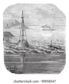 Old Engraved Illustration Of Buoy Out Of Wooden At The Entry Of The Gironde. Industrial Encyclopedia E.-O. Lami - 1875.