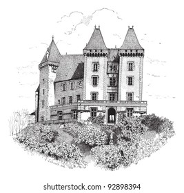 Old Engraved Illustration Of Chateau De Pau Or Pau Castle. Dictionary Of Words And Things - Larive And Fleury - 1895