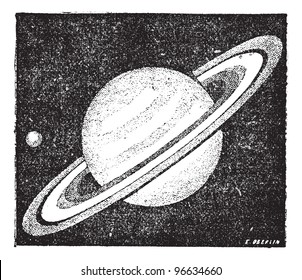 Old engraved illustration of comparison of the sizes of Saturn and Earth. Dictionary of words and things - Larive and Fleury - 1895