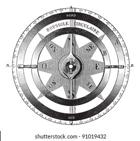 Old Engraved Illustration Of Mariner?s Compass Isolated On A White Background. Industrial Encyclopedia E.-O. Lami - 1875.