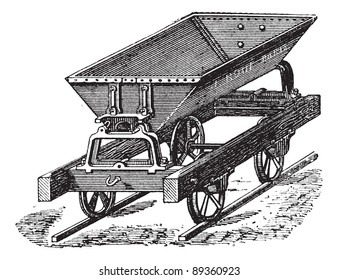 Alte Gravur der Müller-Box mit Metallblech und Doppelklappenschalter verwendet für den Transport von Beton. Industrielle Enzyklopädie E.-O. Lami - 1875.