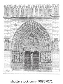 Old engraved illustration of front gate in the middle of Notre Dame Cathedral in France. Dictionary of words and things - Larive and Fleury - 1895