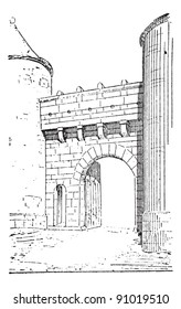 Old engraved illustration of the gate of Flavigny-sur-Ozerain, fortress belongs to the fifteenth century. Burgundy, France. Dictionary of words and things - Larive and Fleury - 1895