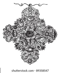 Old engraved illustration of the gold cross of the seventeenth century french work, isolated on a white background. Industrial encyclopedia E.-O. Lami - 1875.