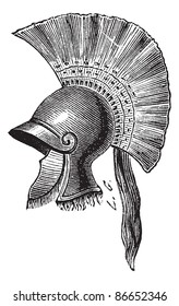 Old engraved illustration of Greek helmet criniere de cheval isolated on a white background. Industrial encyclopedia E.-O. Lami 1875.