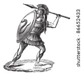 Old engraved illustration of the Greek soldier with his armor. Industrial encyclopedia E.-O. Lami 1875.