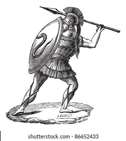 Old engraved illustration of the Greek soldier with his armor. Industrial encyclopedia E.-O. Lami 1875.